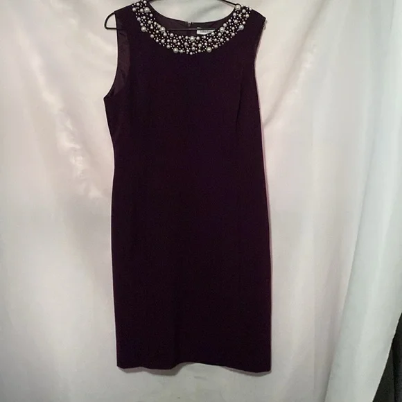 Calvin Klein Deep Purple Dress Embellished FAUX PEARL Neckline WOMENS SIZE 14 - Picture 4 of 13